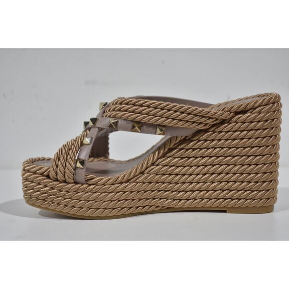 Valentino Rockstud Torchon Poudre Nude Cord Rope Wedge Backless Slide Sandal 42 - Picture 9 of 12